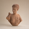 A terracotta-style classical female bust sculpture with detailed hair and draped fabric, photographed against a plain warm beige background.